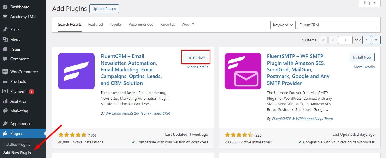install and active fluentcrm plugin for using FluentCRM with Academy LMS